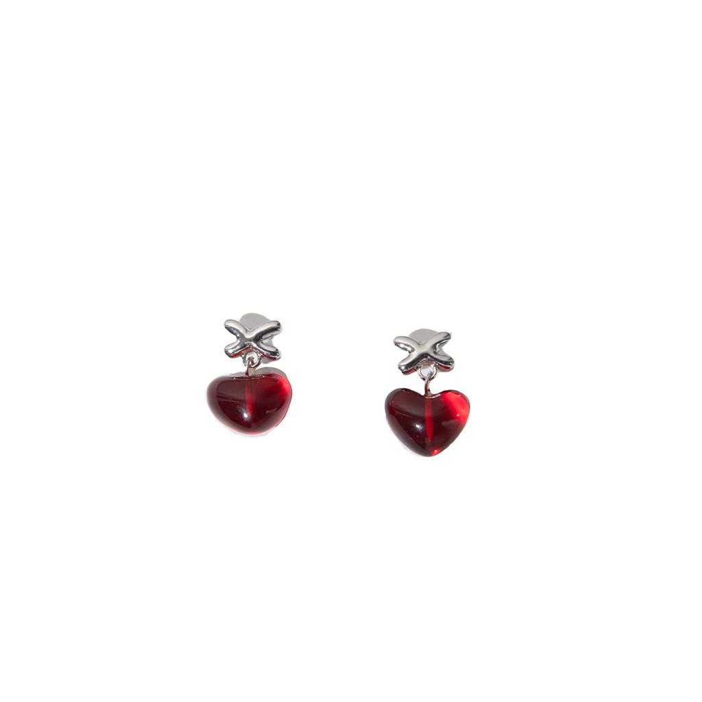 Ankela Red Translucent Three-Dimensional Peach Heart Earrings, Light Luxury High-End Sweet Girlish Temperament Earrings In Autumn And Winter