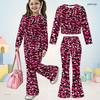 Girls Round Neck Long Sleeve Multi Color Printed Top And Flared Pants Two Piece Set
