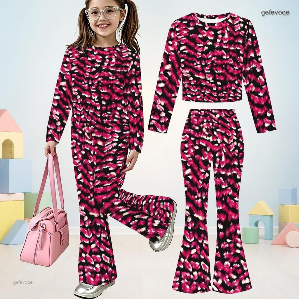 Girls Round Neck Long Sleeve Multi Color Printed Top And Flared Pants Two Piece Set