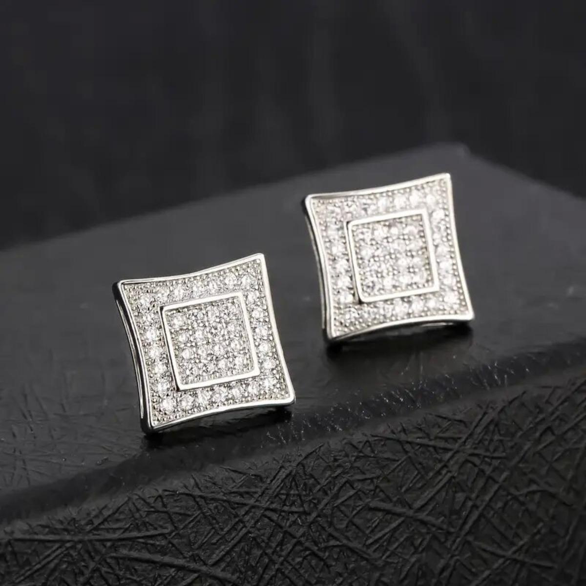 Silver Tone Full-Pave Square Cubic Zirconia Stud Earrings белый