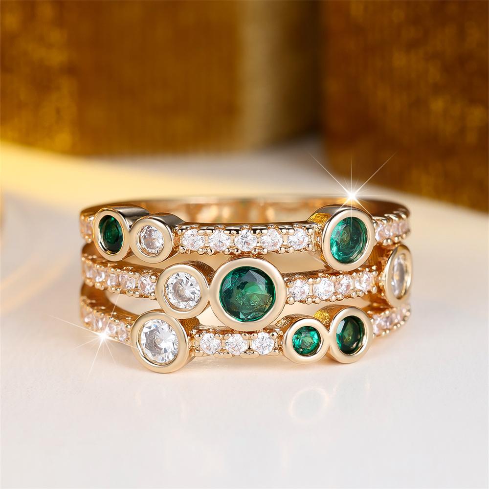 Round Stone Green Zircon Three Layers Rings For Women Vintage Gold Color Engagement Ring Wedding Jewelry Bridal Versatile Gifts