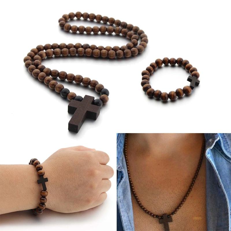 Classic Natural Wood Beads Crucifix Pendant Necklace for Men Women Religious Rosary Jewelry Handmade Prayer Accessories