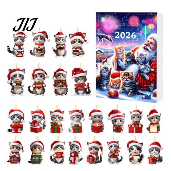 Decorative Acrylic Cat Figurines for Windows 2026 Advent Calendar, 24 Days Christmas Countdown Calendar with Tree Decorations Hanging Ornaments