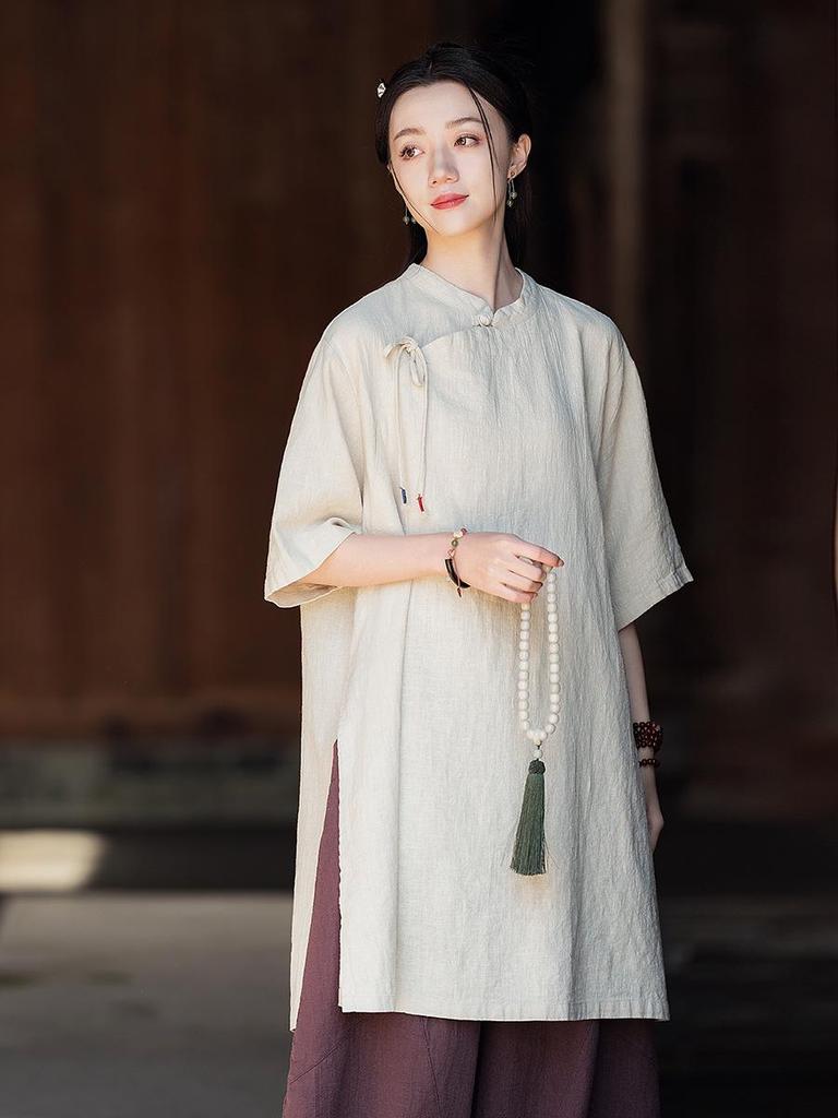 Women's Cotton Linen Stand Collar Cross-Lapel Tie-Up Zen Loose Spring Dress