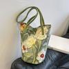 Floral Pattern Canvas Bucket Bag Women'S Shoulder Bag Casual Large Capacity Handbag
