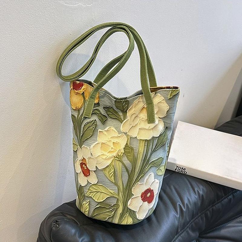 Floral Pattern Canvas Bucket Bag Women'S Shoulder Bag Casual Large Capacity Handbag