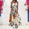 Women Plus Size Scoop Neck Strappy Sleeveless White Halloween Sloth Pumpkin Printed A Line Long Dress