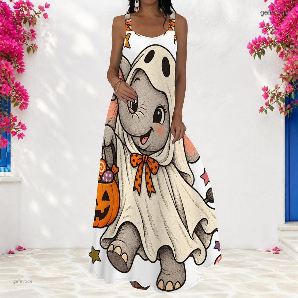 Women Plus Size Scoop Neck Strappy Sleeveless White Halloween Sloth Pumpkin Printed A Line Long Dress