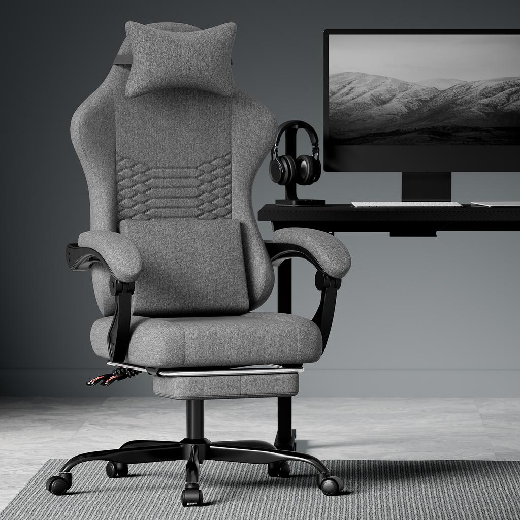 Gaming Chair Fabric Office Chair, Massage Gaming Chair with Headrest, Ergonomic Racing Gaming Seat with Footrest (dark grey)