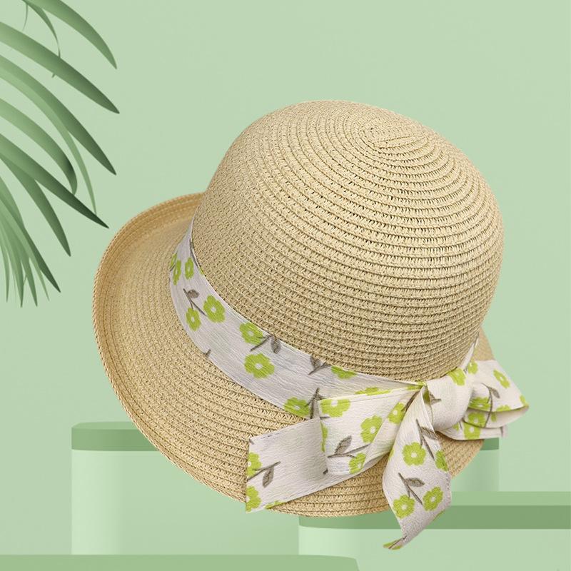 French Straw Hat Female Summer Sweet Cute Girl Floral Lace Strap Curled Sun Hat Seaside Beach Photo