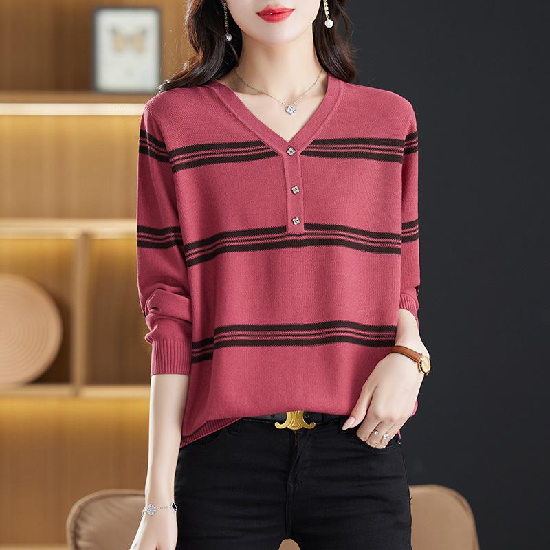 DAFIFY Women's Fashion Casual Fall Winter Stripe Print Long Sleeve V-Neck Sweaters