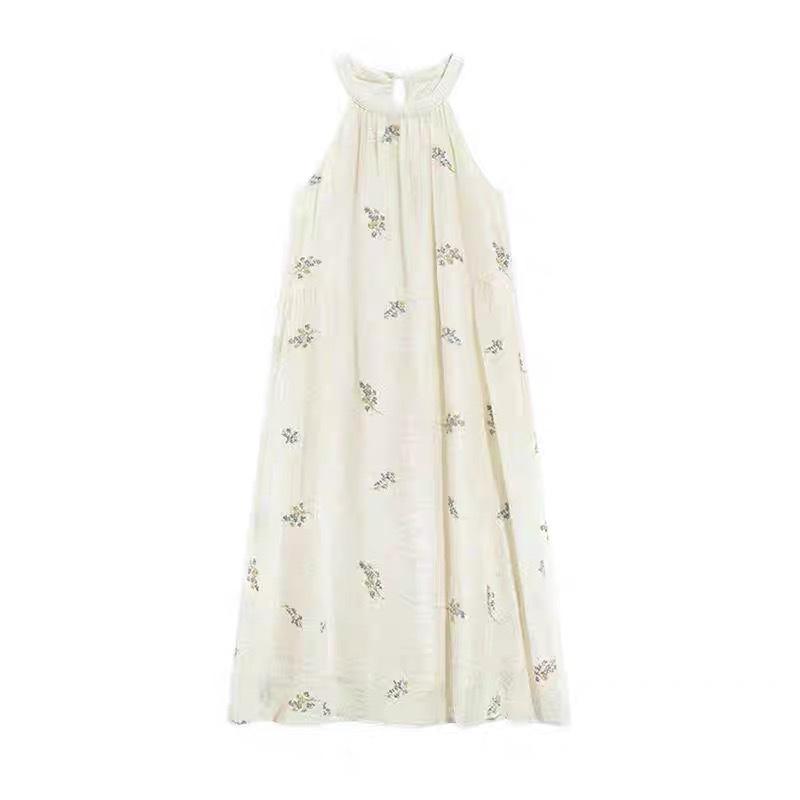 Small fresh Mori embroidered neck dress women's summer small temperament seaside vacation sleeveless floral dress