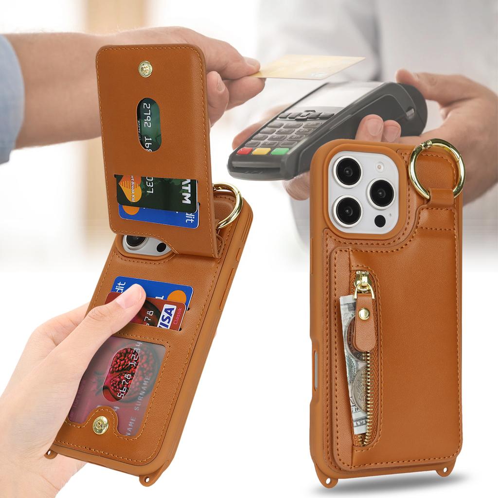 Applicable To iPhone16 Mobile Phone Case 16Pro Solid Color Zipper Change Bag Insert Card Ring Bracket Oblique Span Protective Case
