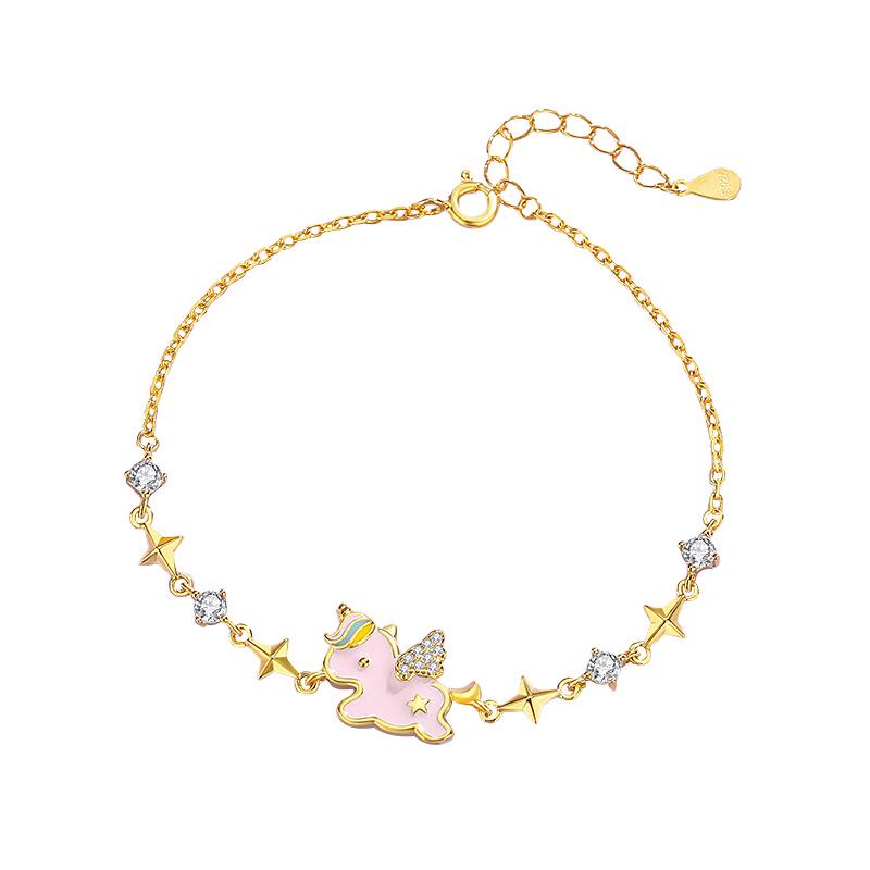 Tichia Rainbow Unicorn Bracelet: S925 Silver, Enamel, Heart Design for Women