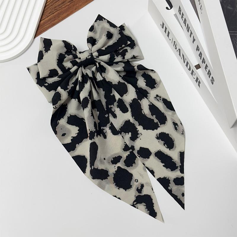 Vintage Leopard Print Bowknot Hairpin Long Ribbon Back Head Spring Clip Ponytail Headwear for Women Elegant Versatile Hairpin