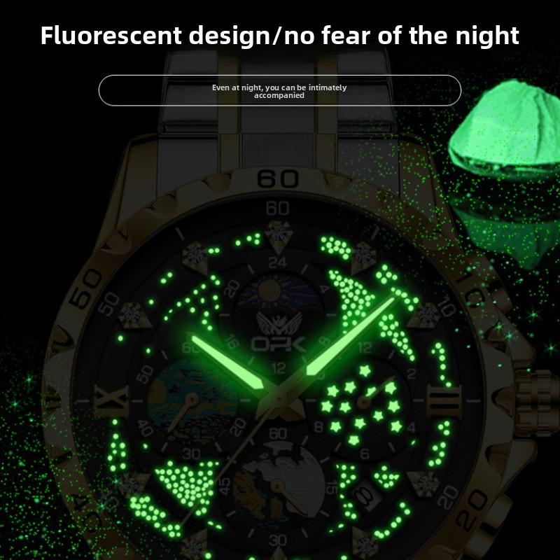 OPK Stainless Steel Waterproof Starry Sky Men's Watch Male Student Luminous Single Calendar Quartz Watch