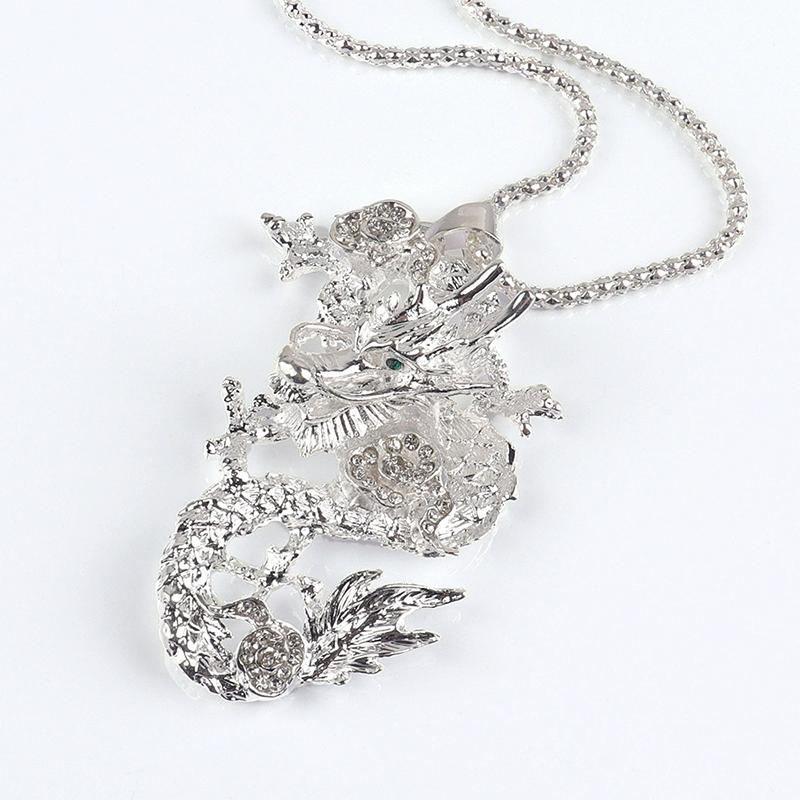 Umělecký retro přívěsek ve tvaru draka ze slitiny, dlouhý náhrdelník, zlatý/stříbrný, etnický styl, šperk s kamínky