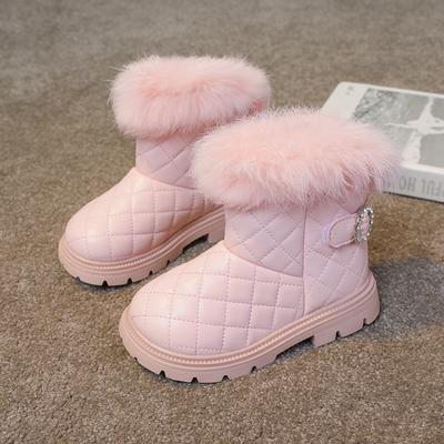 Children's Snow Boots Elegant Plush Solid Color Kids Rhinestones Short Boots Fashion Girls Catwalk Boots All Match 2024 Winter