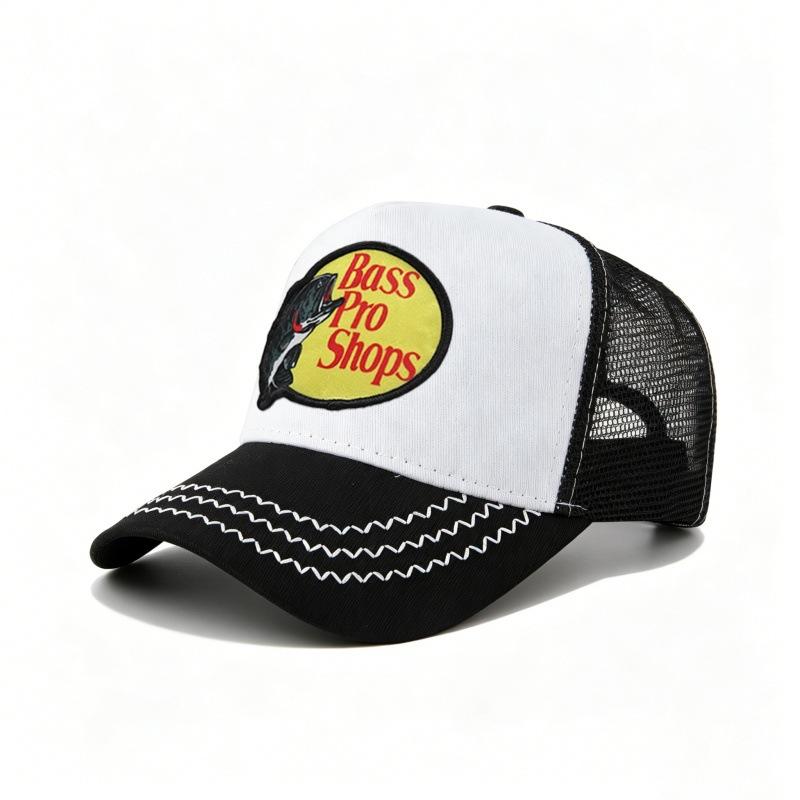 Bass embroidered mesh baseball cap, color-blocked baseball cap, men's summer breathable truck hat, high-top sun hat