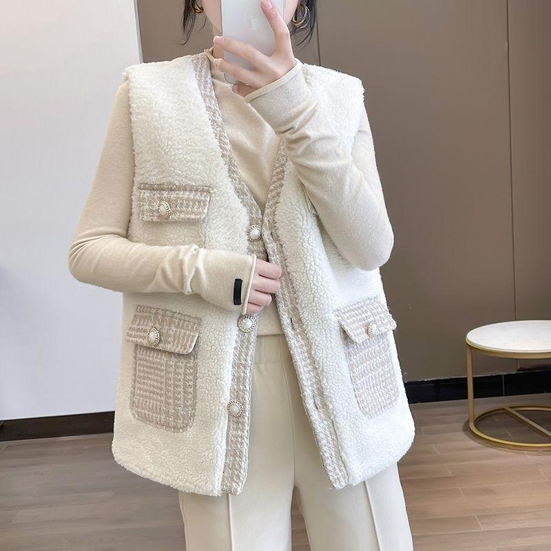 Slightly Fat Lamb Wool Vest Autumn and Winter New Tweed Splicing Vest Vest Vest Fashion Coat Women