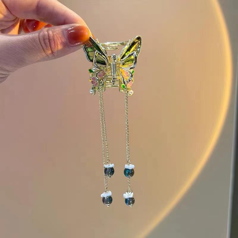 1PC Transparent Butterfly Wings Tassel Hairpin, Elegant Chinese Shark Clip, Ladies Hairpin розовый
