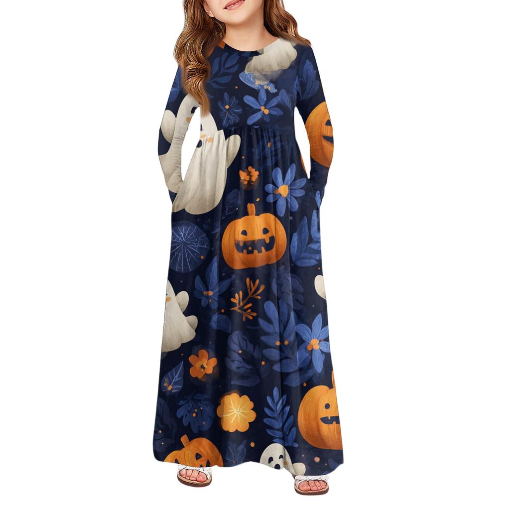 Girls' Maxi Dress Halloween Day- Long Sleeve Pocket Dress