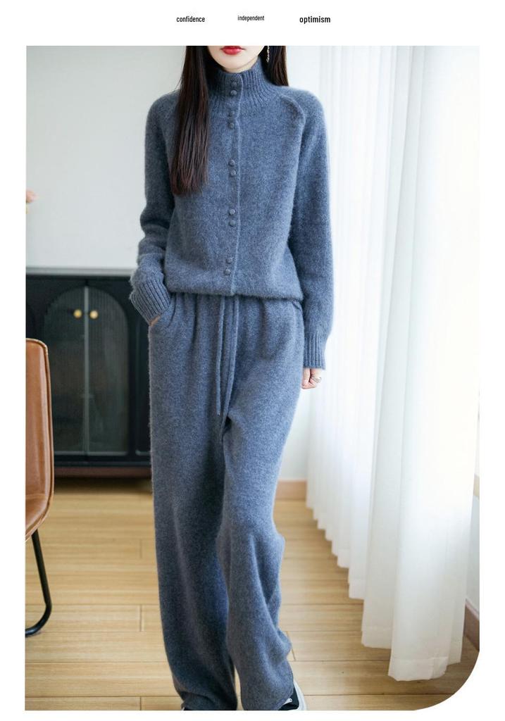 Women's Solid Color Wool Cardigan - High Neck, Long Sleeve, Loose Fit Sweater