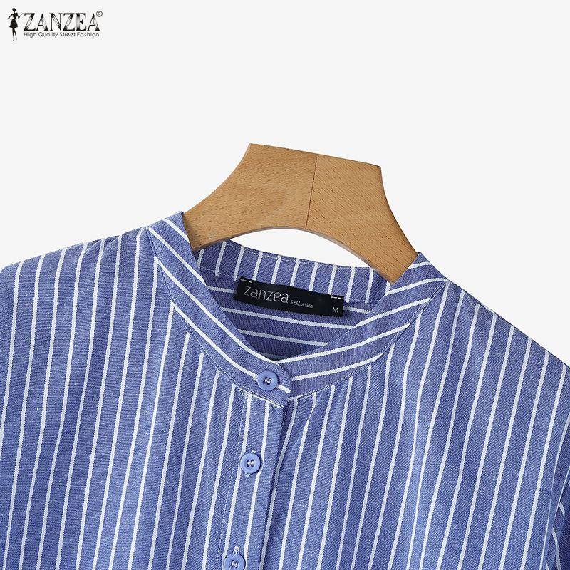 ZANZEA Women Casual Round Neck 3/4 Sleeve Loose Stripe Blouse