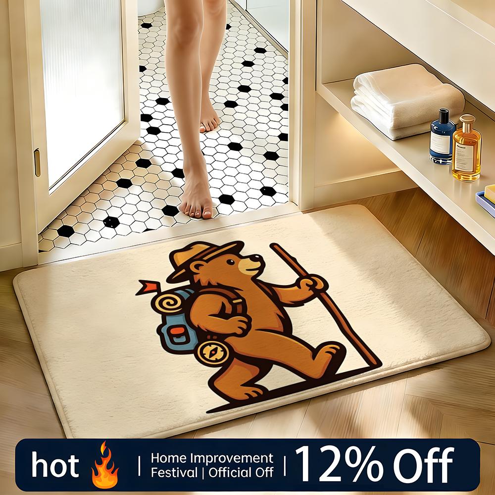 Soft Absorbent Non-Slip Rug Backpack-Wearing Bear Cub Floor Mat Home Decor Doormat Bedroom Floor Mat Shower Carpet