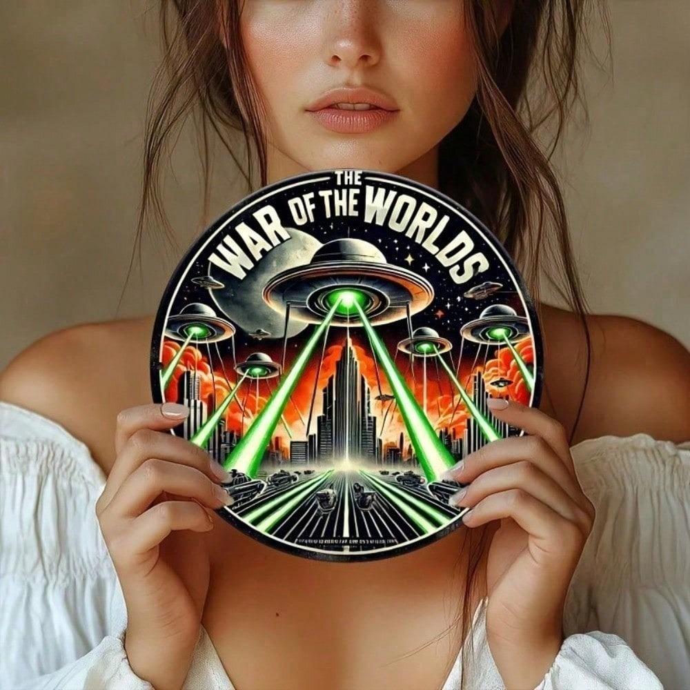 Retro Sci-Fi Tin Sign The War Of The Worlds 8x8 Inch Vintage Metal Wall Art Alien Invasion Decor Aluminum Plaque