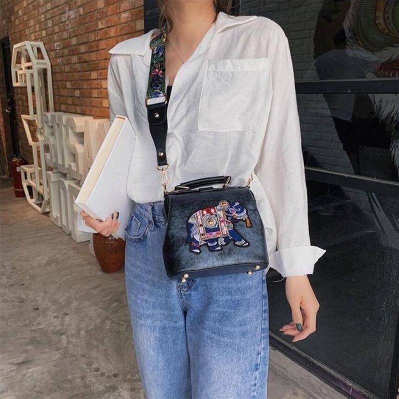 Tote Damenhandtaschen, Stickerei, Elefanten-Tasche, Taschen, böhmische Damen-Schulter-Crossbody-Tasche, weiches PU-Leder, breiter Schmetterlingsriemen