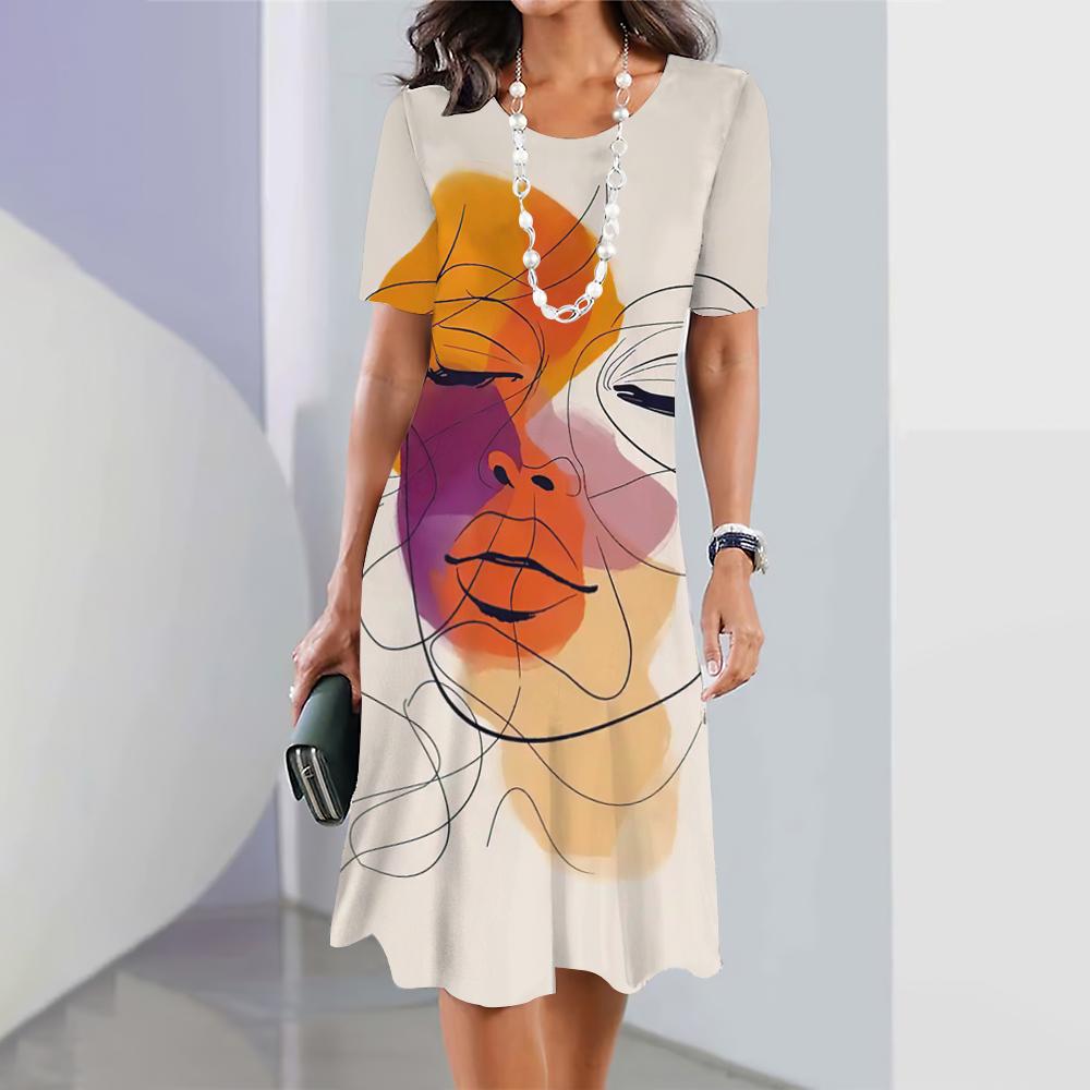 2024 New 3D Face Print Dresses For Women's Elegant Midi Dresses Summer Female Short Sleeve Dress Fashion Oversized Clothes