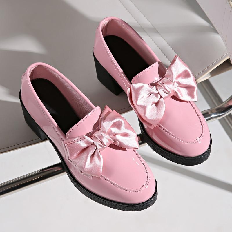 Bow British thick heel loafer single shoes women's autumn lazy large size casual one-pedal small leather shoes