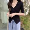2024 Women's Korean V-Neck Irregular Cross Design Short-Sleeved T-Shirt, Plus Size, Solid Color.