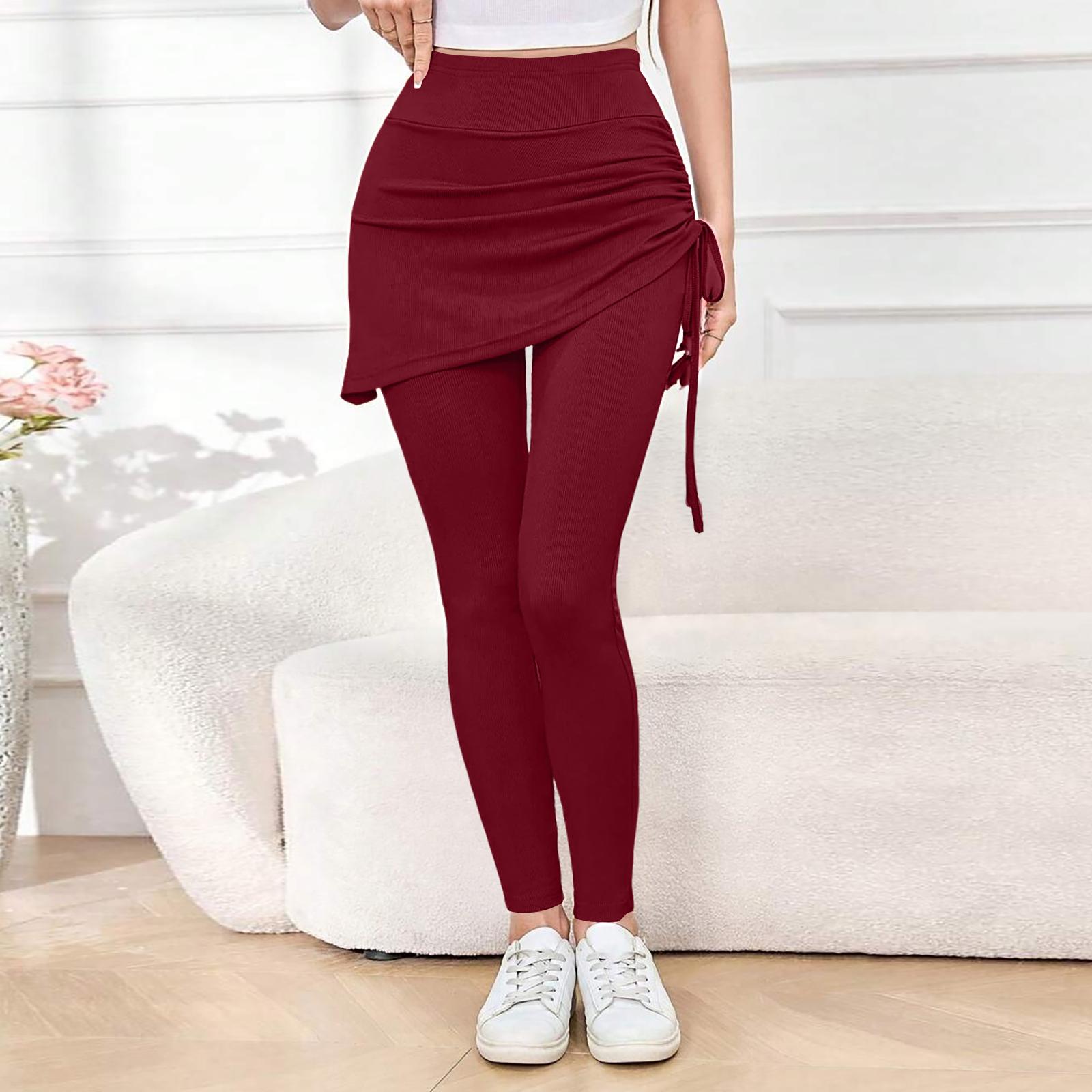 

High Waist Yoga Leggings for Women with Faux Two Piece Design Tummy Control Stretchy Workout Pants with Drawstring Skirt Overlay S винний