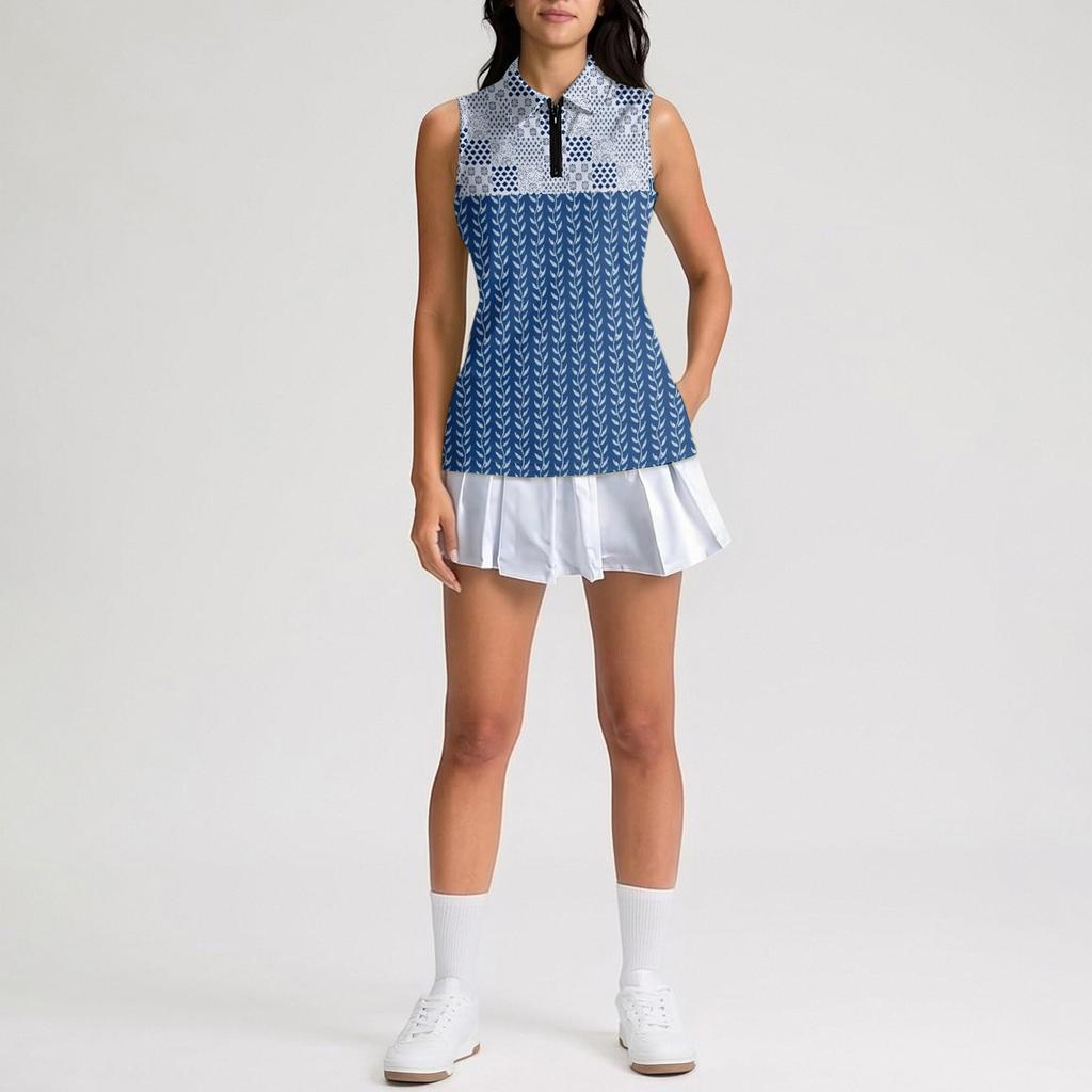 Women’s Sleeveless Golf Shirt with Zip Collar Printed Athletic Tank Top for Sports Tennis and Outdoor Activities