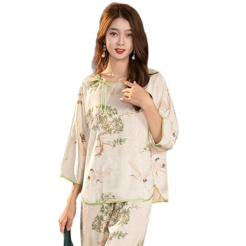 Da Vinci password pajamas women's pullover new Chinese style ice and snow silk seven-quarter sleeve silk loungewear set imitation silk