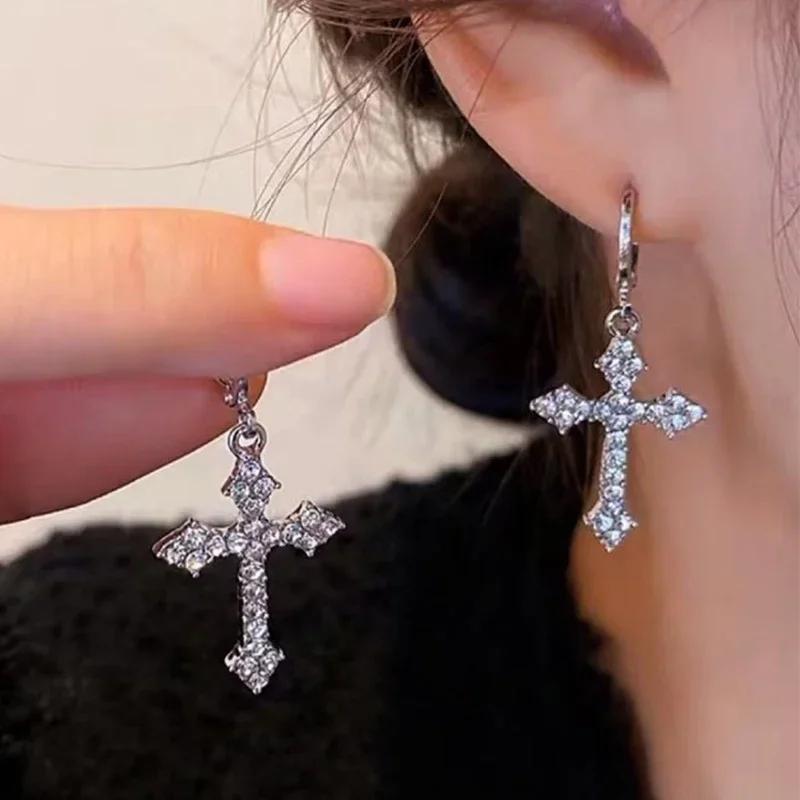 1 Pair of Y2K Gothic Cross Earrings Shiny Synthetic Zircon Inlaid Earring Earrings Jewelry Accessories