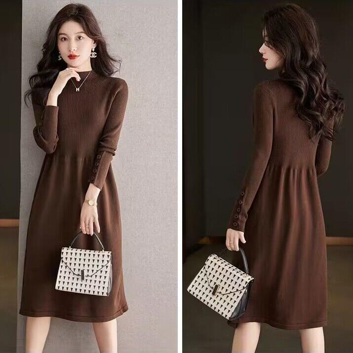 Half Turtleneck Knitted Dress for Women Solid Color Casual Knee-length Sweater Dress Mid-length Knitted Sweater for Autumn and Winter