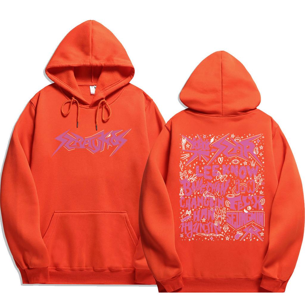 Stray Kids Pink Doodle Names Hoodie Front Stray Kids Metal Logo & Back Pink Rock‑Star Doodle All 8 Members Names & Stars, Oversized K‑Pop Fan Pullover