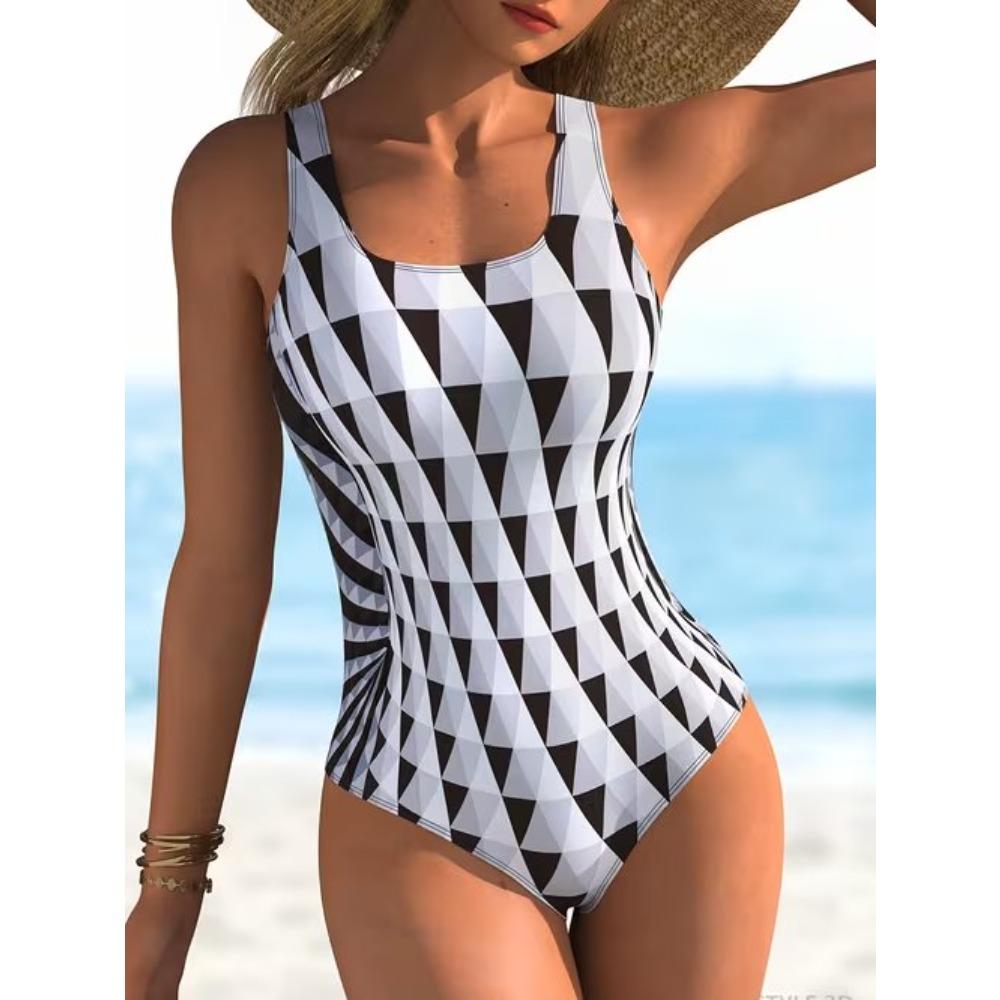 Summer Sexy Abstract Pattern Printed One-piece Swimsuit Slim Fit and Slimming, Deep U-back Design, Beach Pool Vacation Eye-catching Fashion Swimsuit