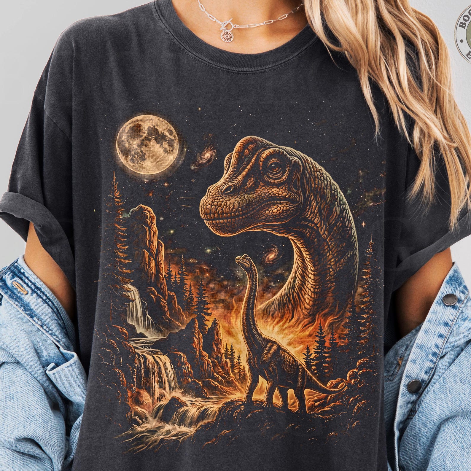 Vintage Brachiosaurus 90er Grafik T-Shirt, Dinosaurier Mond Nacht Sterne Galaxie Retro Prähistorische Kosmische Tierwelt Tee, Jurassic Liebhaber Geschenke L brown