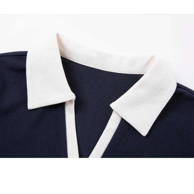 Casualowy T-shirt z kontrastowym kołnierzykiem polo, luźny, jesienny, z haftem, modny, z długim rękawem, kontrastowy top bazowy dla kobiet, T-shirty damskie
