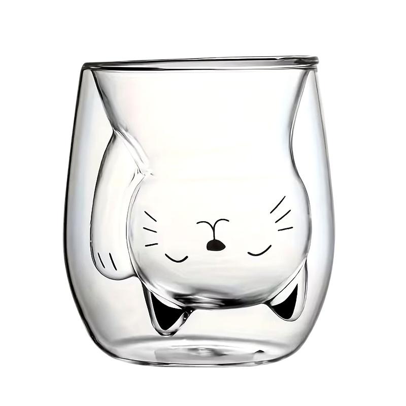 Double Wall Glass Maneki-Neko Cup, Cute Lucky Cat Shaped Insulated Coffee Mug, Heat Resistant Clear Glass for Tea Milk 301-400ml