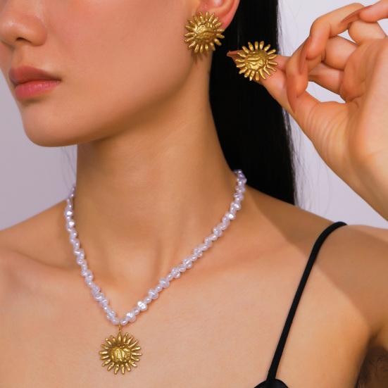 Böhmische Ohrringe Halskette Unregelmäßige Kette Imitation Perlen Halskette Retro Abgenutzte Sonnenform Ohrstecker Gesicht Schlankmachender Schmuck