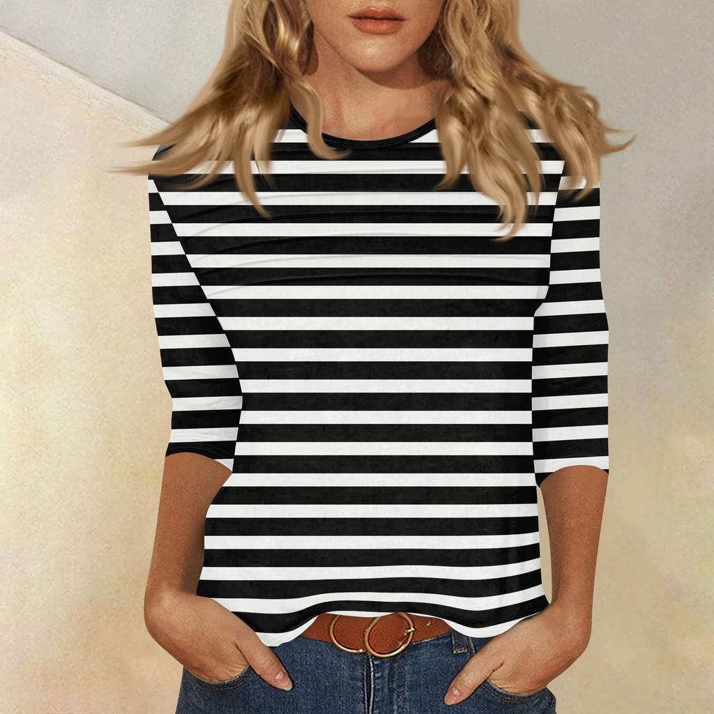 Women's O-neck 3/4 Sleeve Striped  Print Top