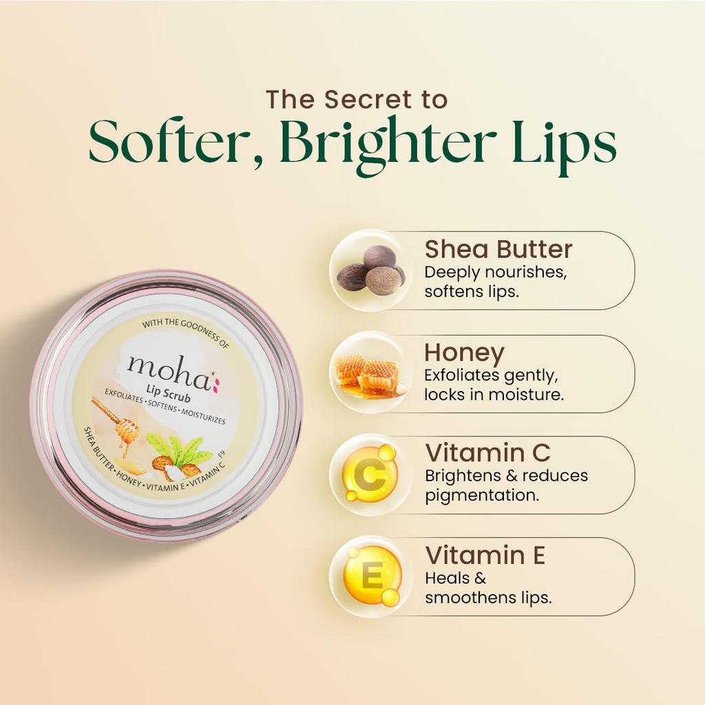 Moha Lip Scrub for Pigmented Lips with Shea Butter, Honey, Vitamin C & E 12gm Pack | Gently Exfoliates, Brightens & Restores Natural Lip Color