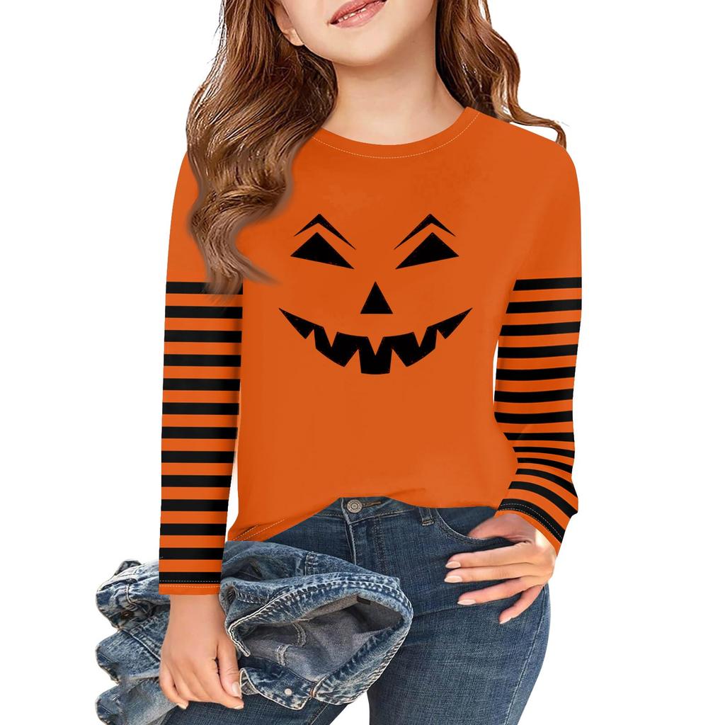 Jenter Langermet Halloween Dag T-skjorter Barn Høst Topper Rund hals Basic T-skjorter 2-11Å