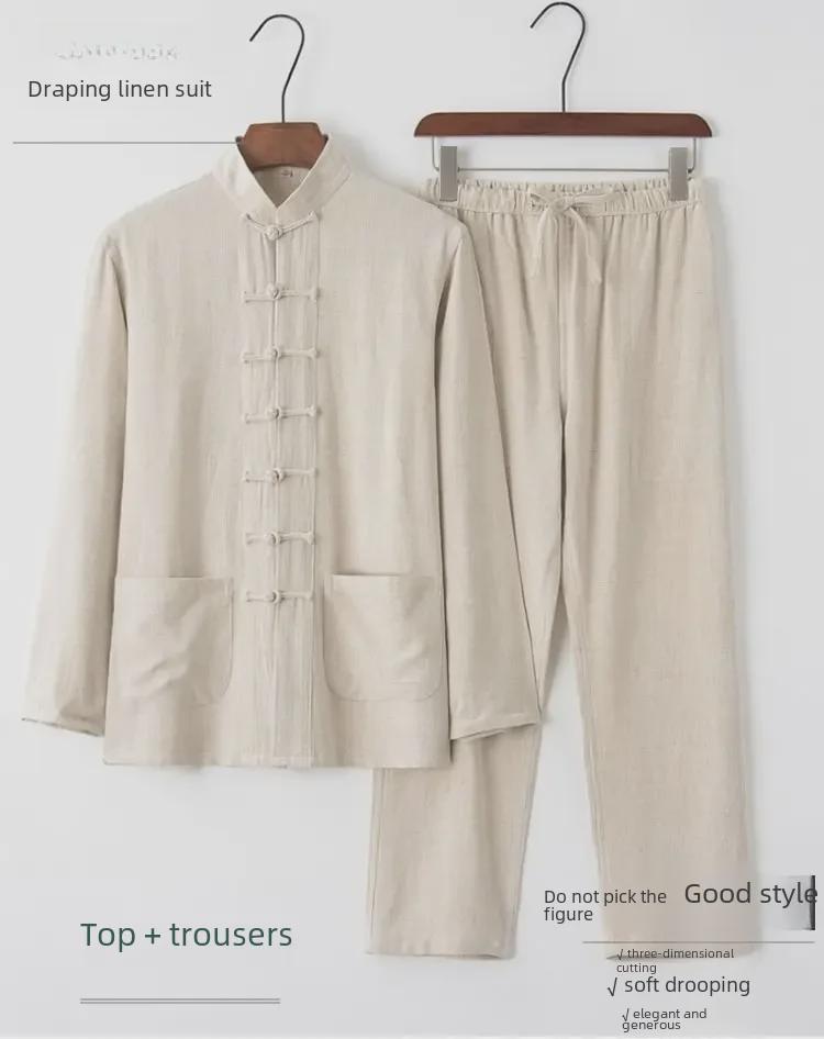 Chinesischer Stil Herren Langarm Baumwoll-Leinen Tang Anzug für mittlere und ältere Jahre - Retro Knöpfe Tai Chi Outfit