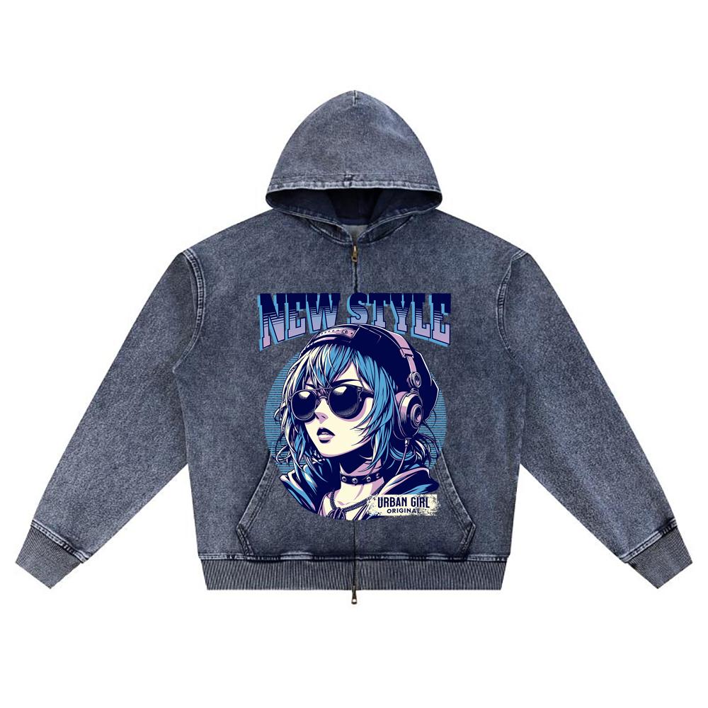 

DTG print Knitted Denim Zip-Up Hoodie Anime Girl with Headphones Brother Print Zipper Hoodies XL темно-синий